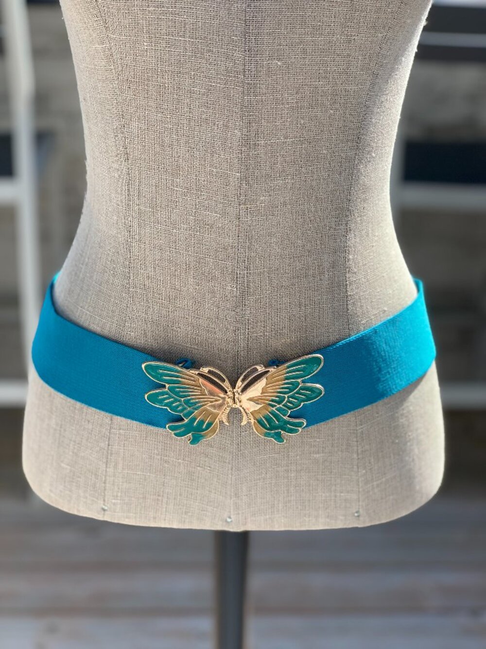 Vintage Wide Statement Cinch Waist Belt M Blue Elastic Gold Butterfly Buckle 90s